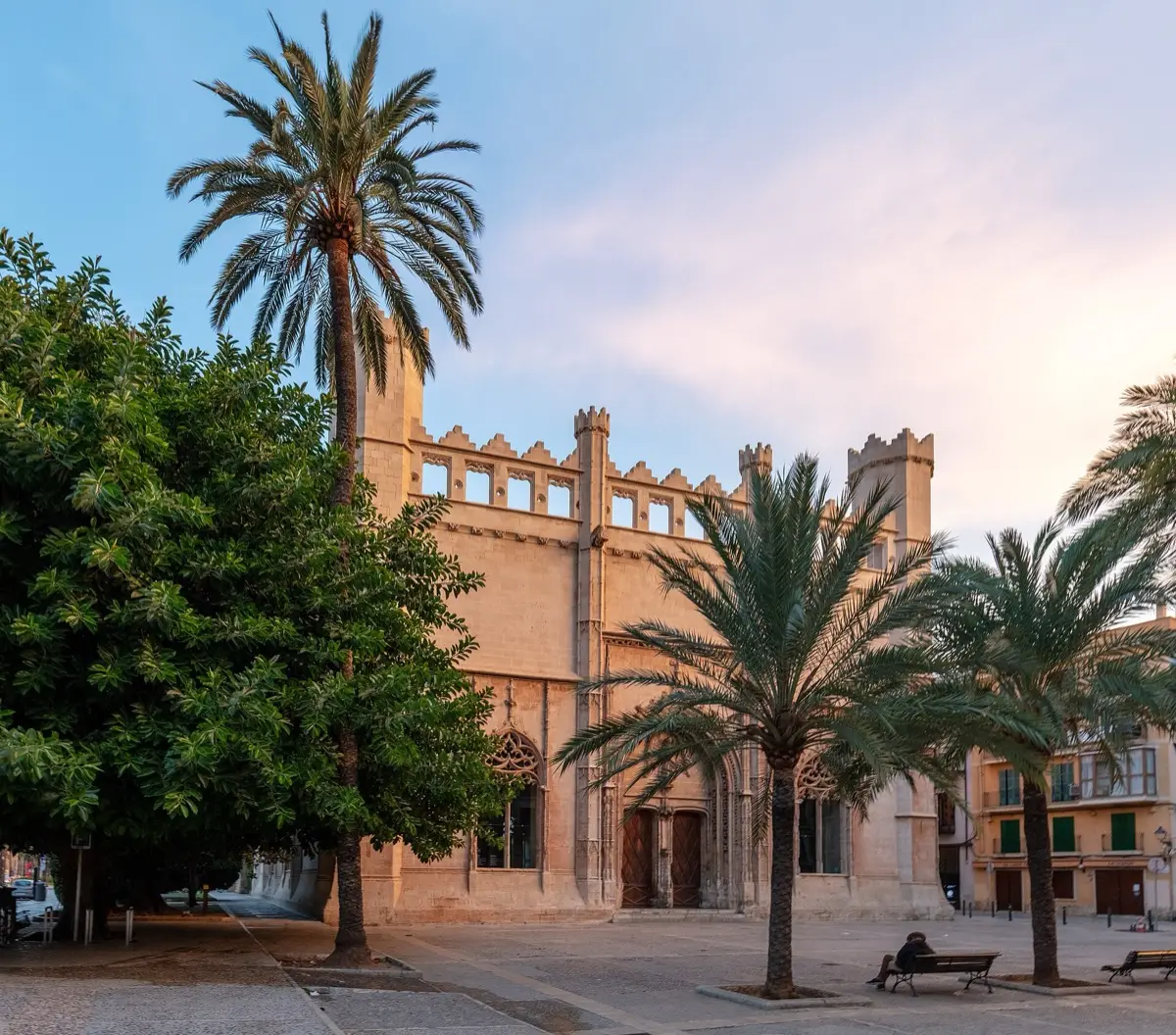 Gotische Fassade der Llotja mit Zinnen und Ecktürmen hinter Palmen auf der Plaça de la Llotja