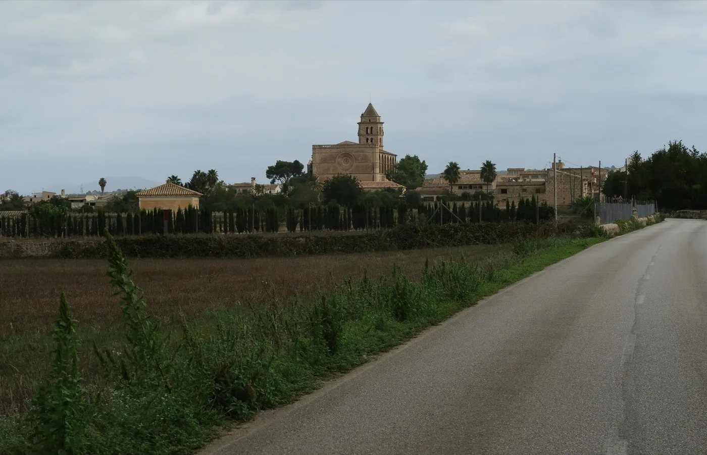 Landstraße zwischen Feldern, am Horizont das Dorf Petra mit Kirche